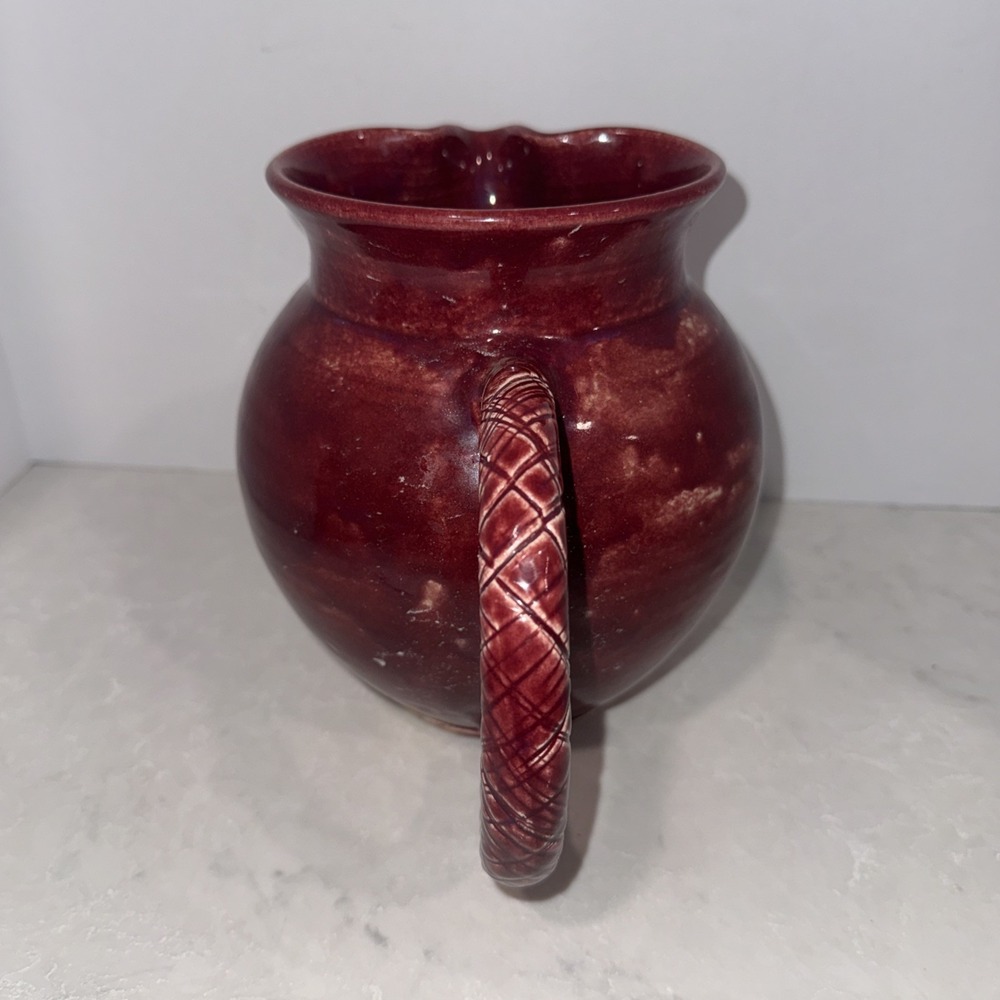 Red Ceramic Pitcher With Thatched Handed - Picture 4 of 12